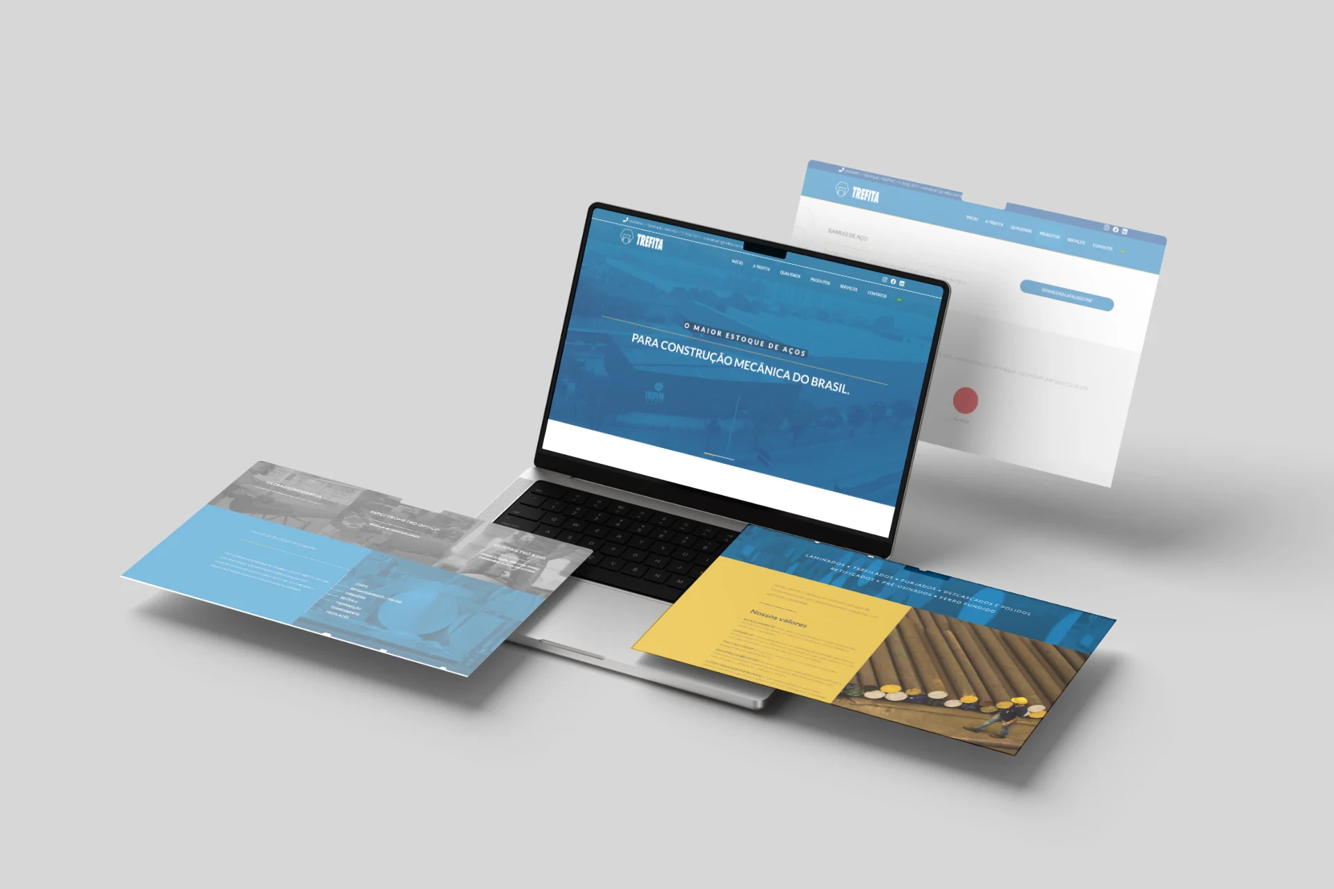 Site da Trefita aberto em um MacBook, com protótipos de páginas flutuando ao redor
