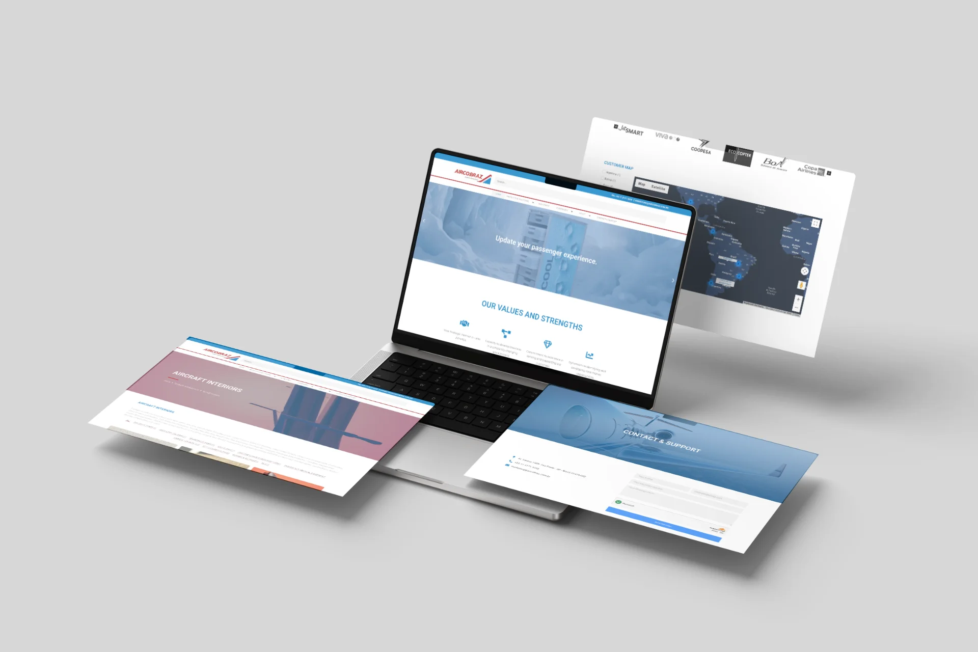 Laptop exibindo site de Aircobraz com protótipos de páginas flutuantes ao redor