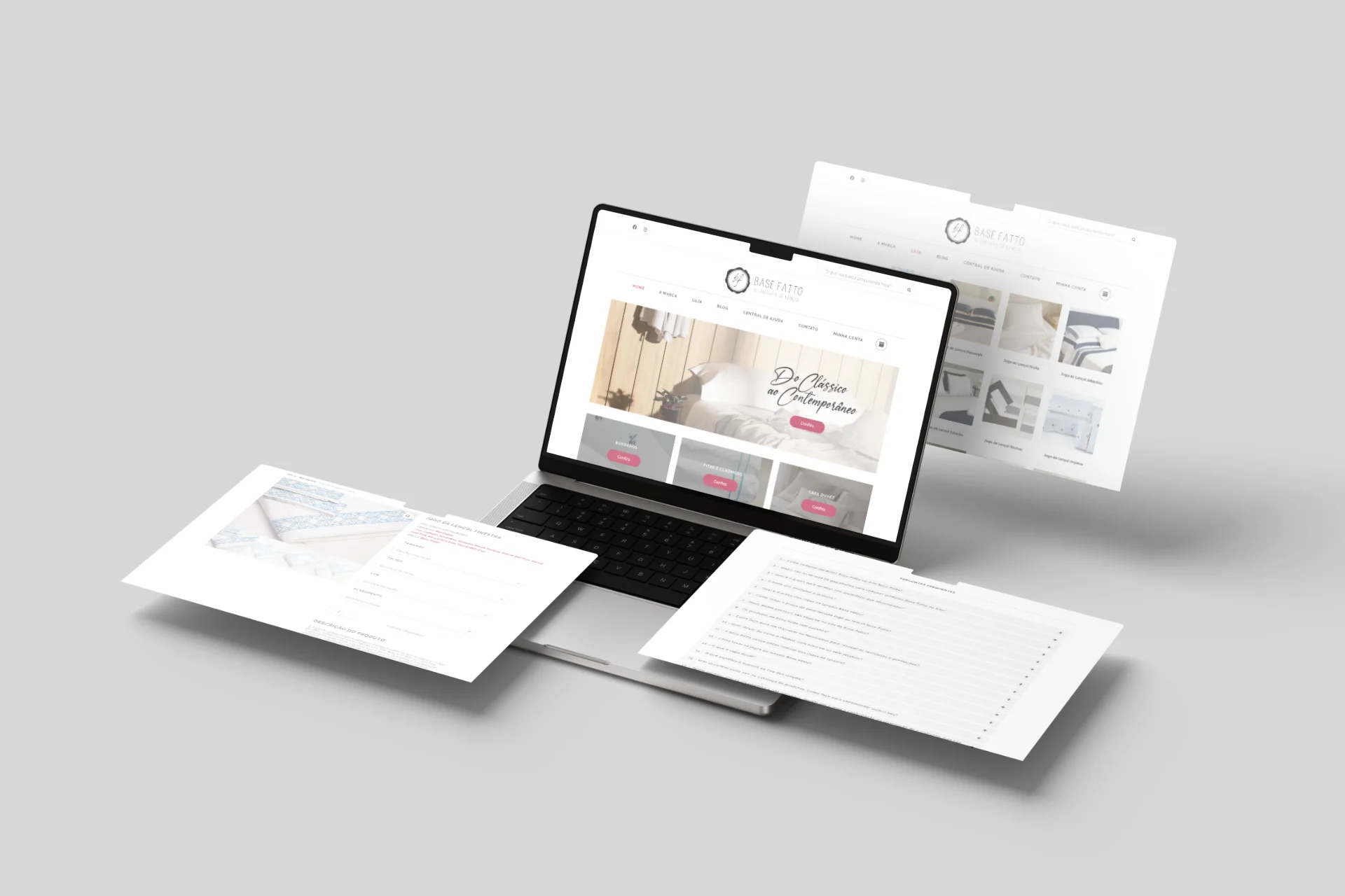 Site da Base Fatto aberto em um MacBook, com protótipos de páginas flutuando ao redor