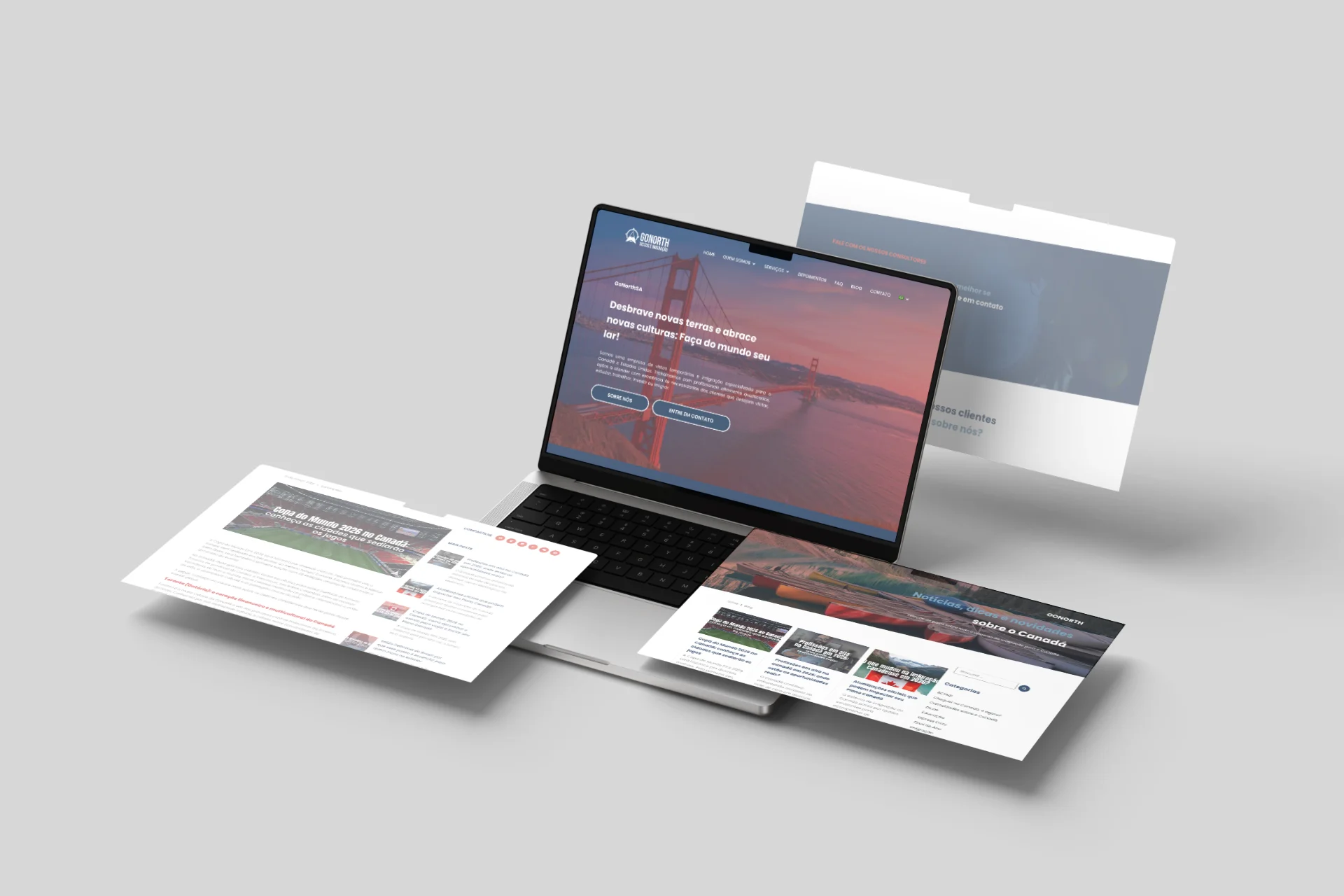 Site da GoNorth aberto em um MacBook, com protótipos de páginas flutuando ao redor