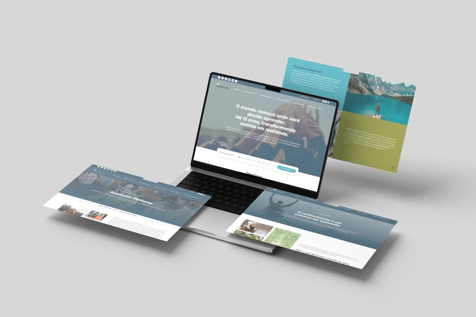 Site do HiBonjour aberto em um MacBook, com protótipos de páginas flutuando ao redor