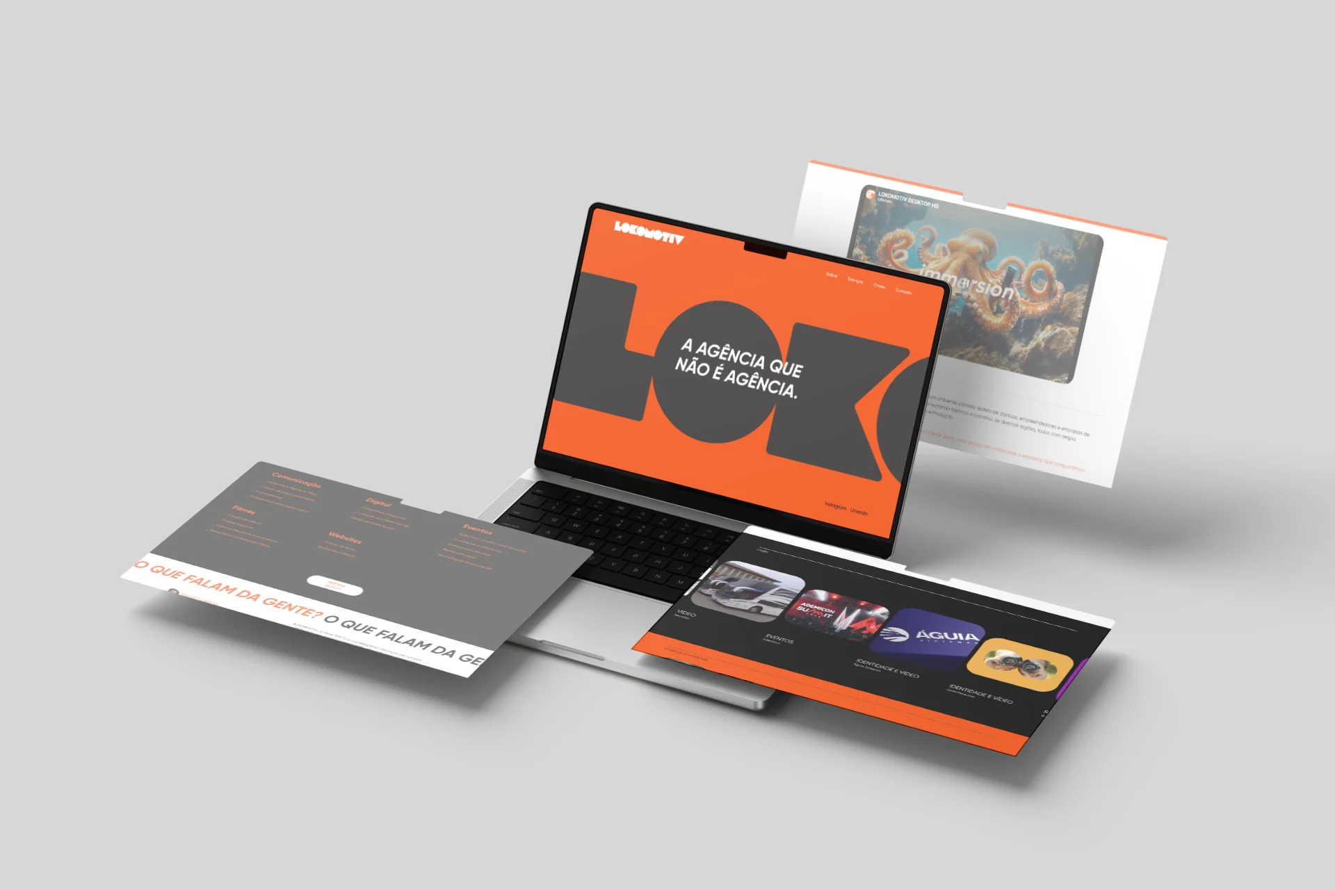 Site da Lokomotiv aberto em um MacBook, com protótipos de páginas flutuando ao redor