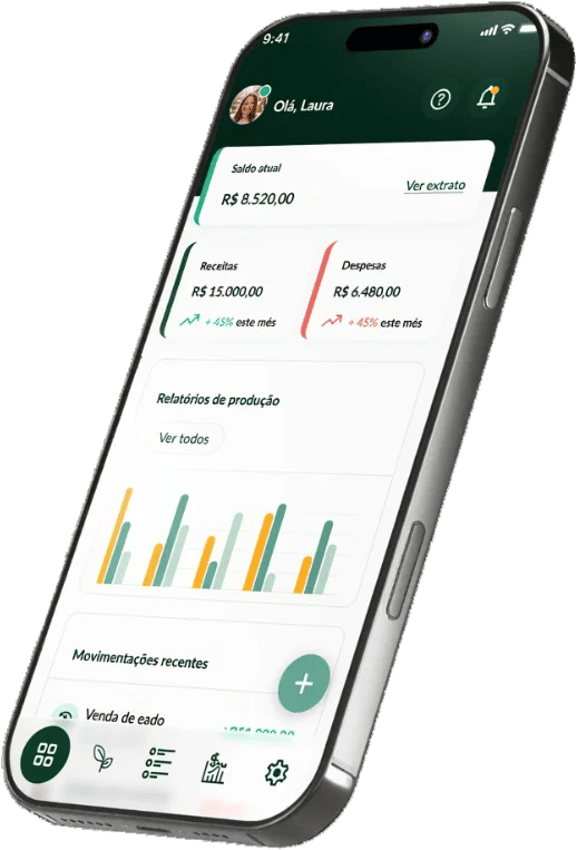 Um smartphone exibe uma tela de aplicativo financeiro com saldo da conta, receitas, despesas, relatórios de produção e transações recentes.