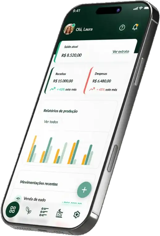 Um smartphone exibe uma tela de aplicativo financeiro com saldo da conta, receitas, despesas, relatórios de produção e transações recentes.