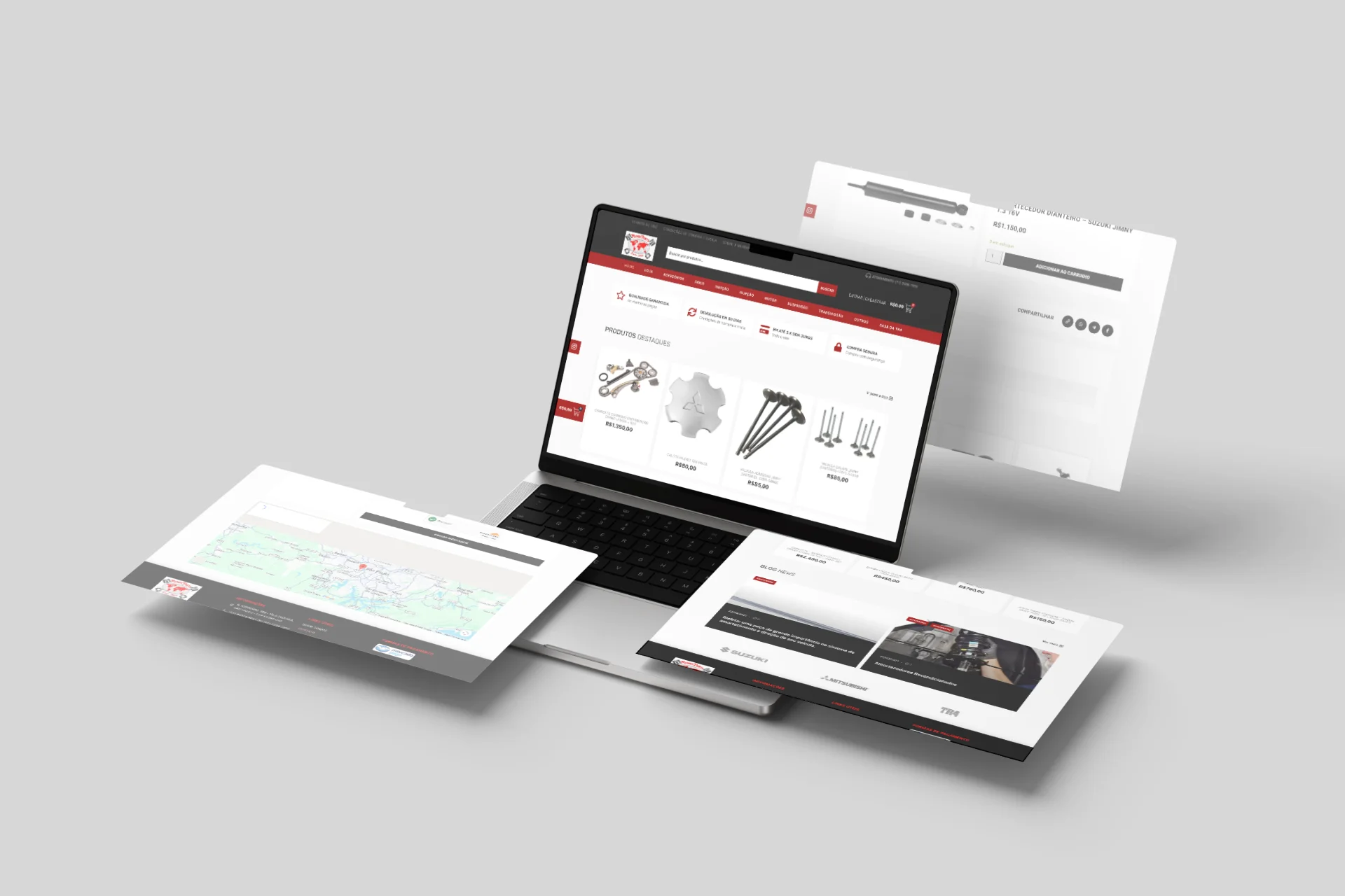 Site da MundiParts aberto em um MacBook, com protótipos de páginas flutuando ao redor