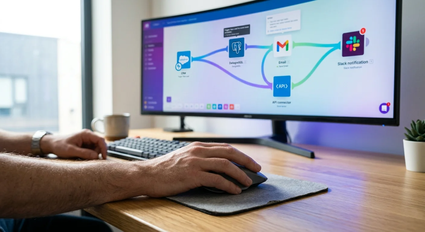 Pessoa usando um mouse em uma mesa com um grande monitor curvo, no qual é exibido um diagrama de fluxo de trabalho conectando vários aplicativos e notificações.