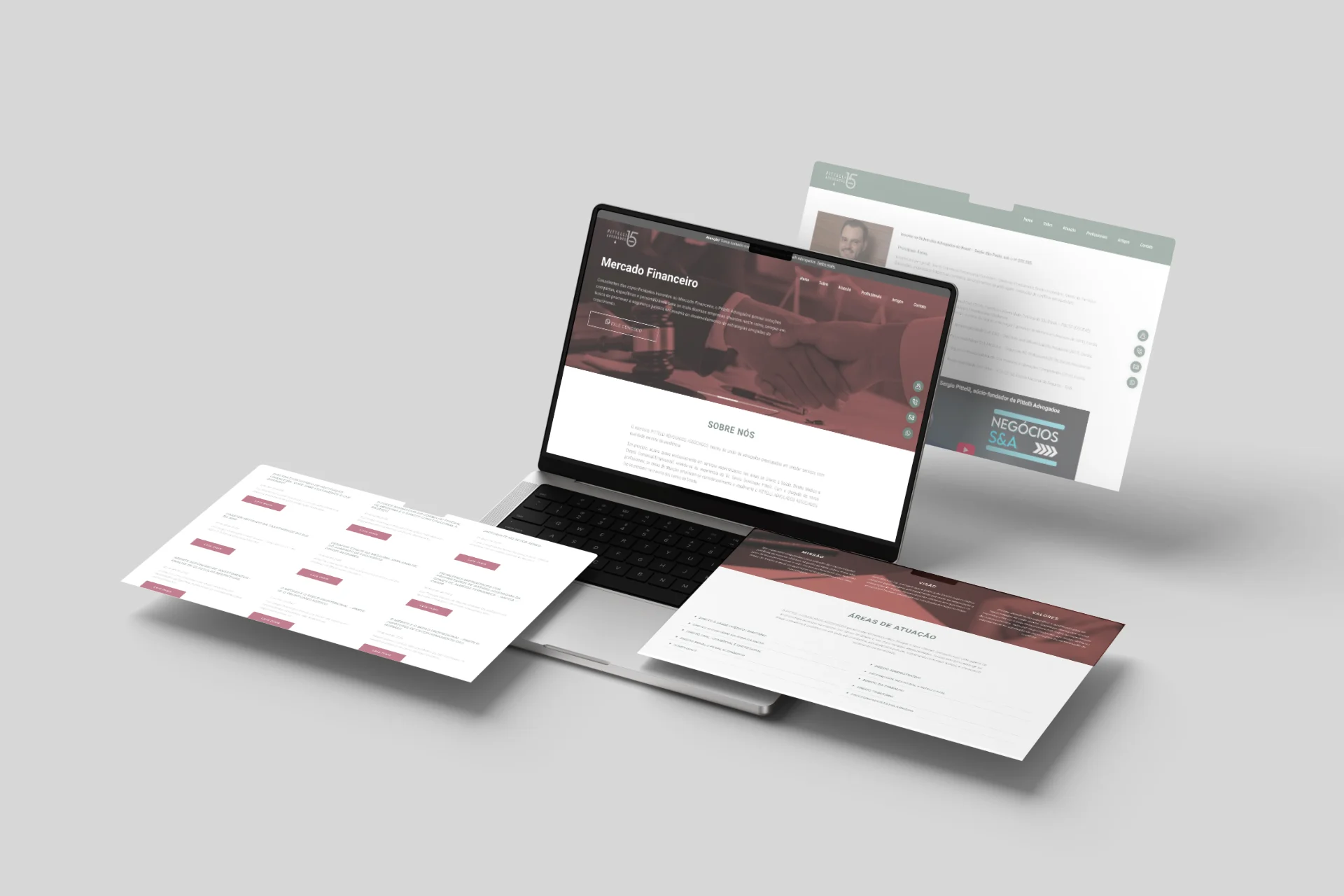 Site da Pittelli Advogados aberto em um MacBook, com protótipos de páginas flutuando ao redor